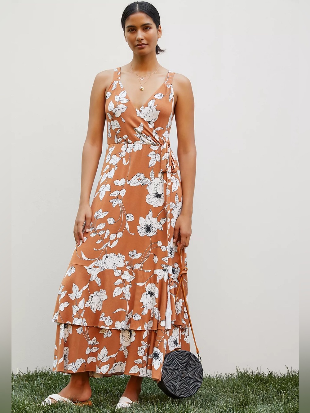 NWT Anthropologie Ruffled Floral Midi Dress Brown L Large - Picture 4 of 4